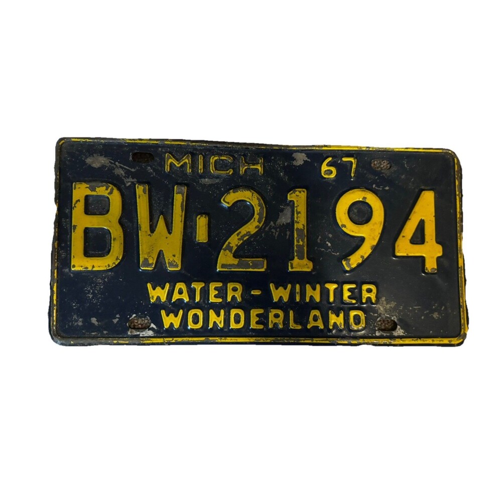 Vintage 1967 Michigan License Plate BW 2194 Water Winter Wonderland Black Yellow